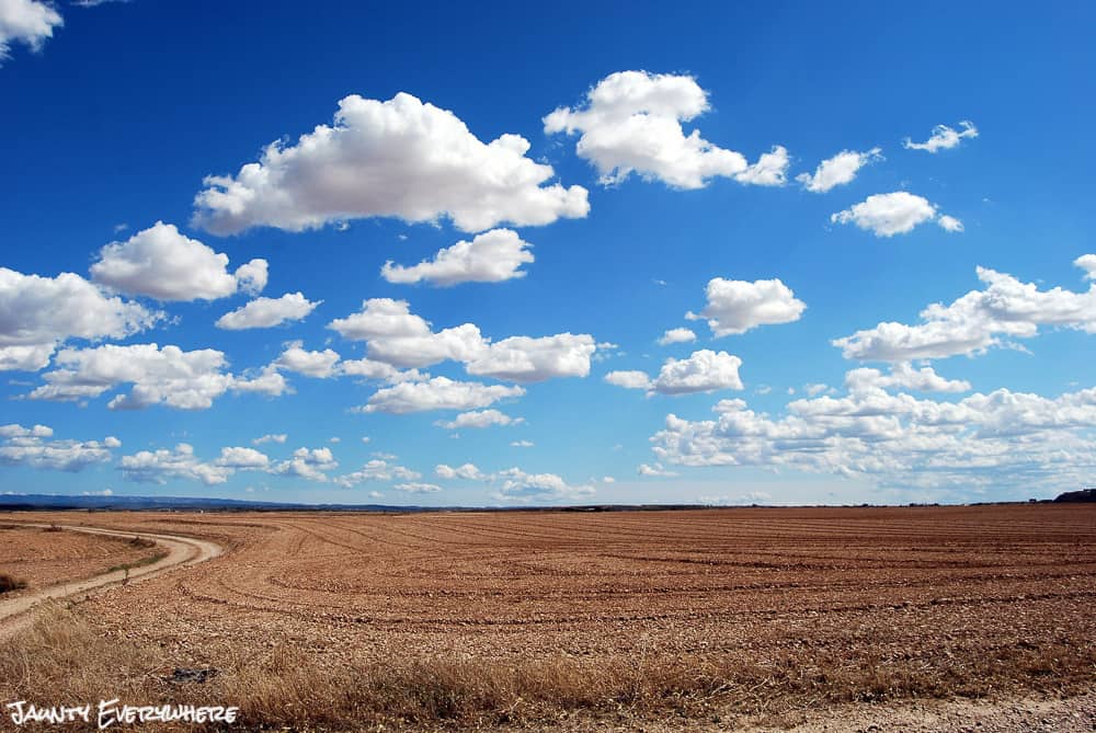 road winding through a brown field with white fluffy clouds in a brilliant blue sky above