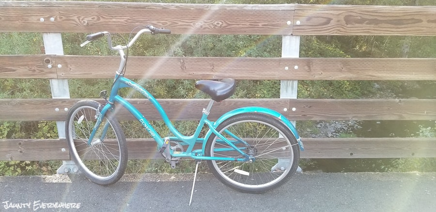 Turquoise Townie Bicycle next to a bridge, sunlight streaming