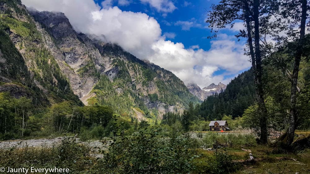 Gorgeous view of Enchanted Valley in Olympic National park, ranger cabin in the distance 