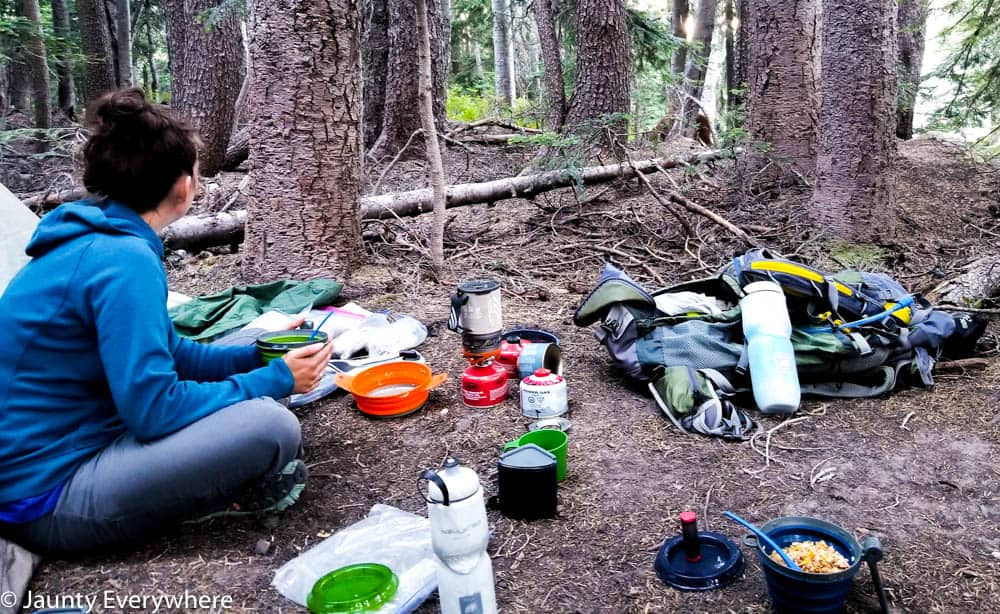 Eating dinner while backpacking