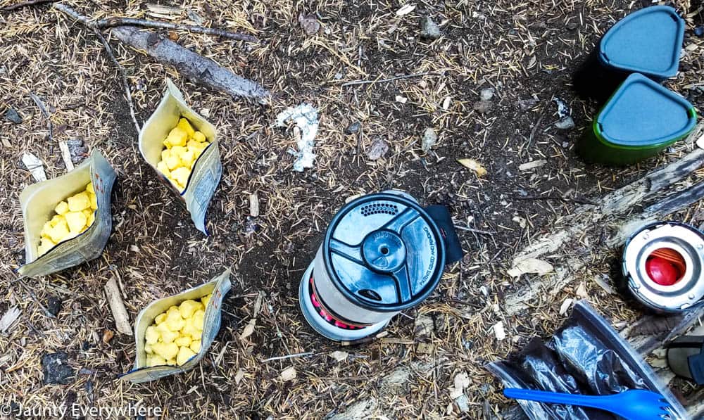 Backpacking scrambled egg meals cooking and a Jetboil.