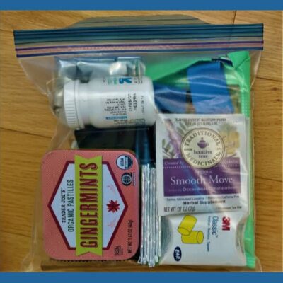 ziploc bag filled with travel survival items