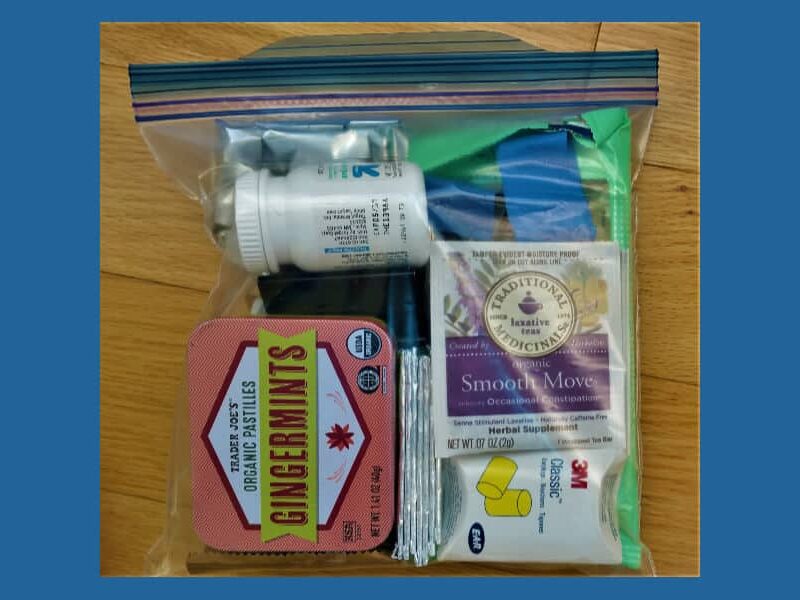 ziploc bag filled with travel survival items