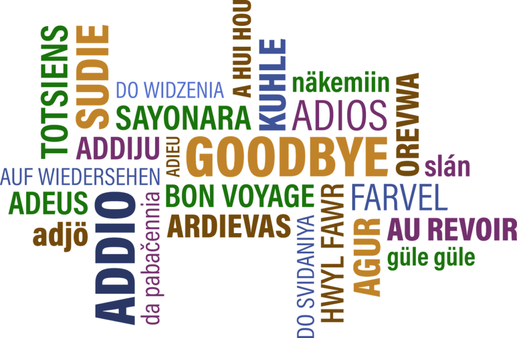 a collage of foreign words, all meaning goodbye