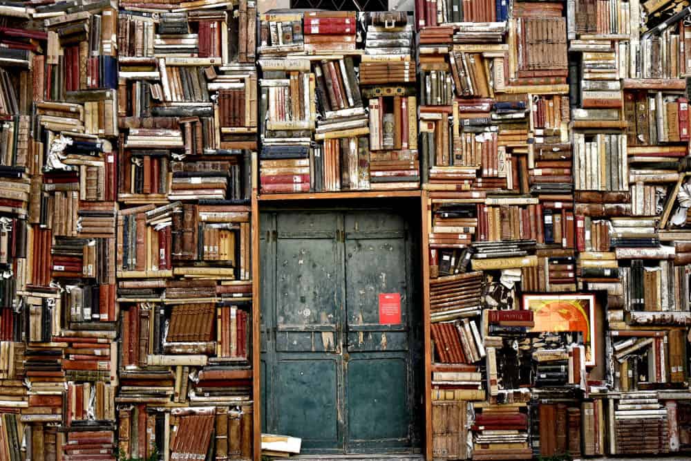 Lots of books with a door in the middle