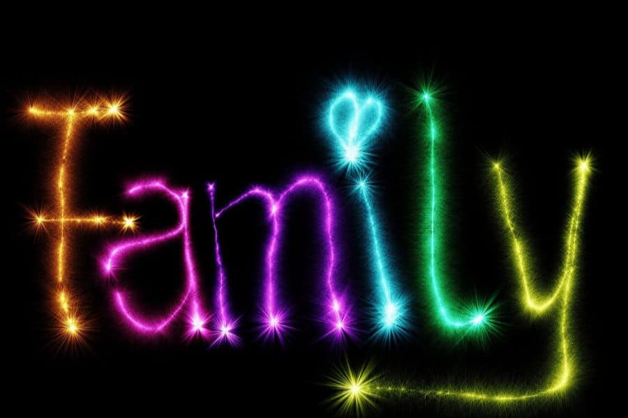 The word family spelled out in neon