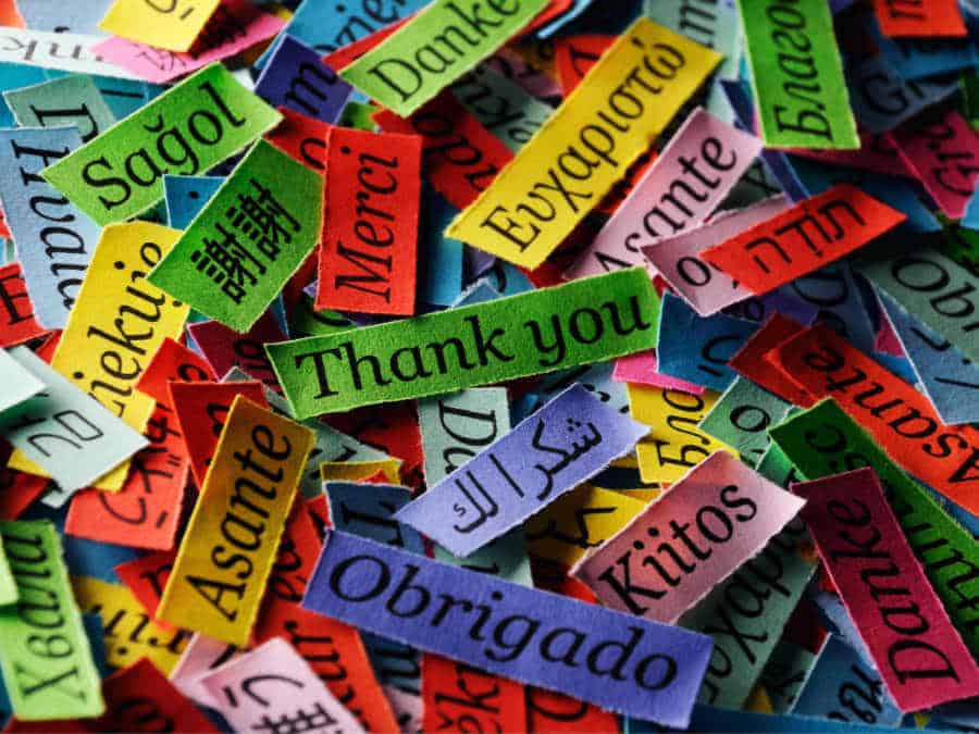 strips of colorful paper with foreign words - all meaning thank you
