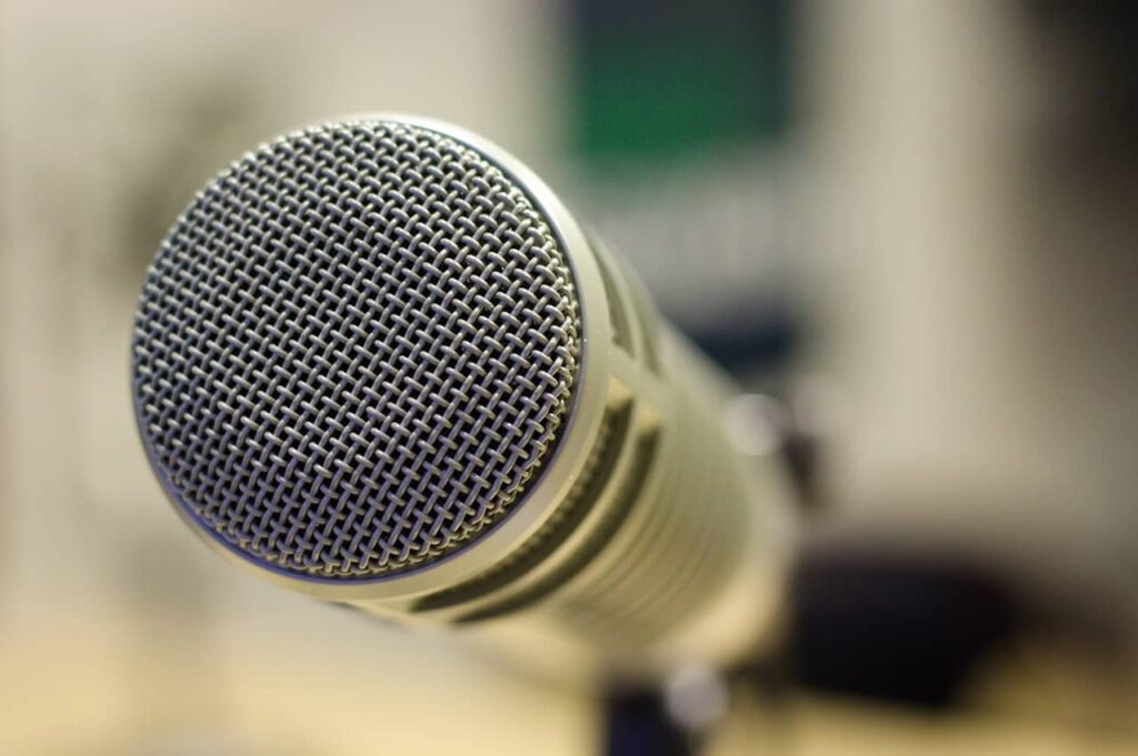 close up of a silver microphone