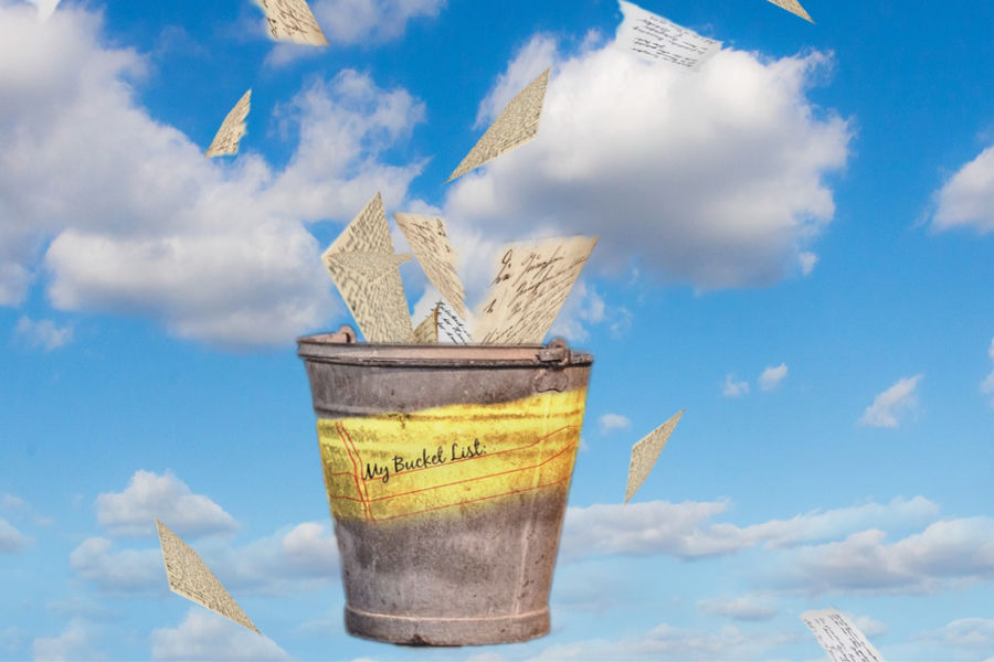 bucket floating in the sky with slips of paper flying out of it