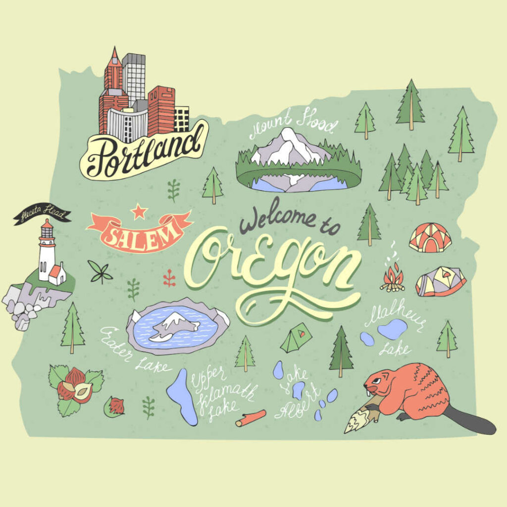 colorful stylized map of Oregon