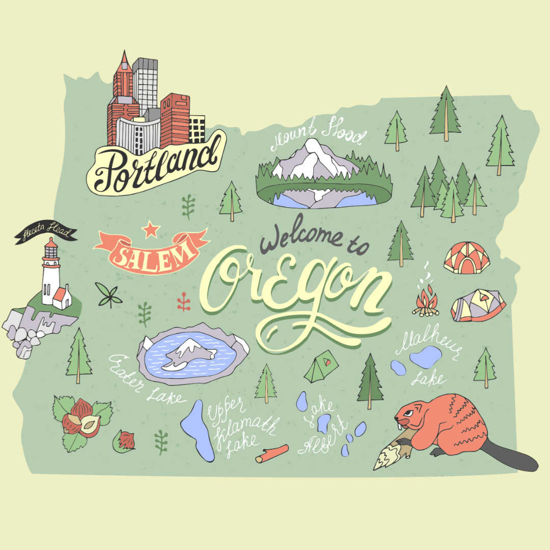 colorful stylized map of Oregon