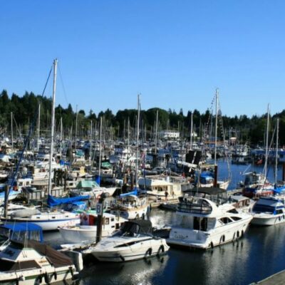 harbor full of sailboats at Gibsons Landing, British Columbia