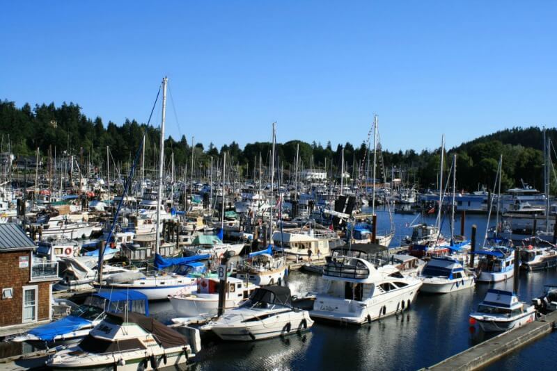 harbor full of sailboats at Gibsons Landing, British Columbia