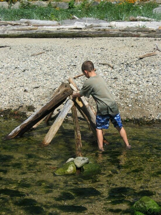 little boy building a fort out or driftwood in Roberts Creek, BC
