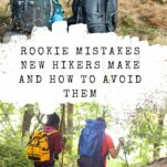 daypacks against a trail backdrop and 2 women wearing daypacks with hiking poles on the trail