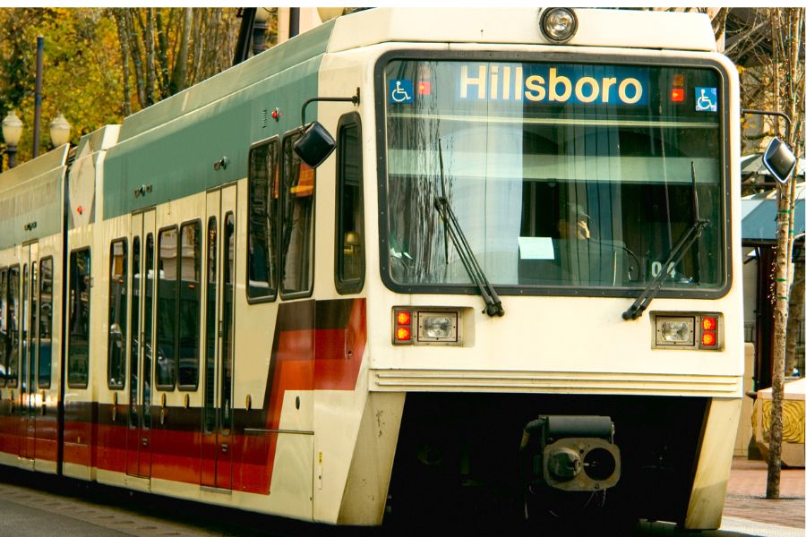 the Portland lightrail with a Hillsboro sign on