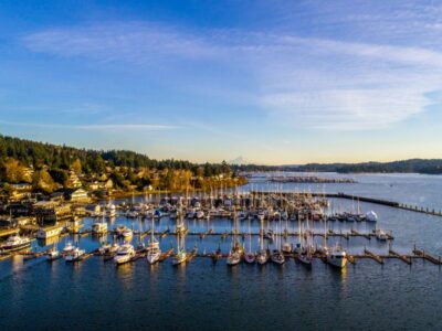 Bird's Eye view of the marina and waterfront on Liberty Bay in Poulsbo, Washington