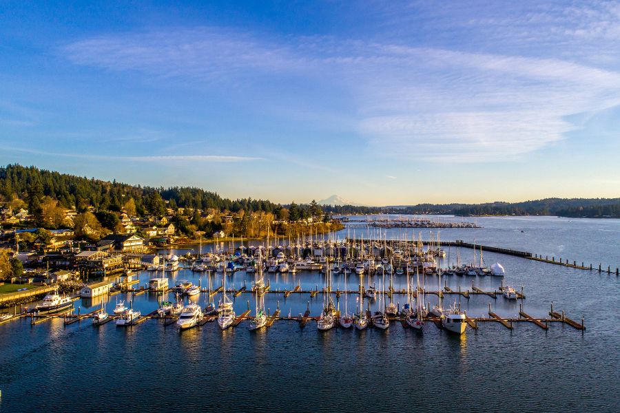 Bird's Eye view of the marina and waterfront on Liberty Bay in Poulsbo, Washington