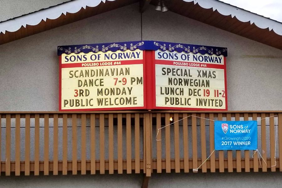 sign outside the Sons of Norway in Poulsbo, announcing seasonal events