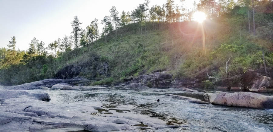 Sunshine glints through the trees of a hillside overlooking a boulder filled river.